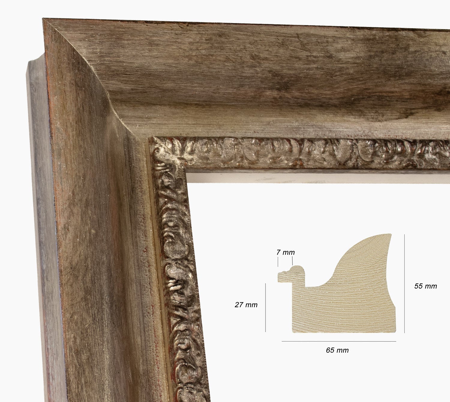 430.231 cadre en bois à la feuille d'argent antique mesure de profil 65x55 mm Lombarda cornici S.n.c.